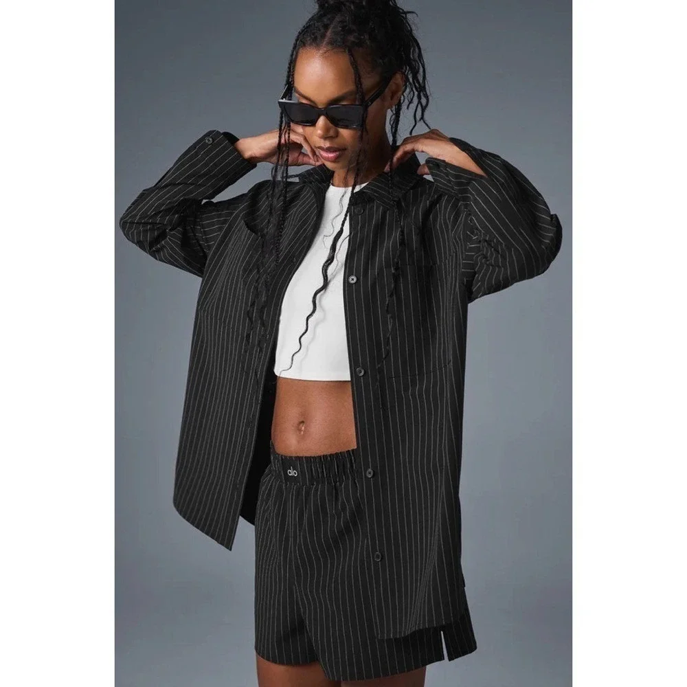 Alo Yoga Pinstripe Daylight Button Down Long Sleeve Black/Titanium L